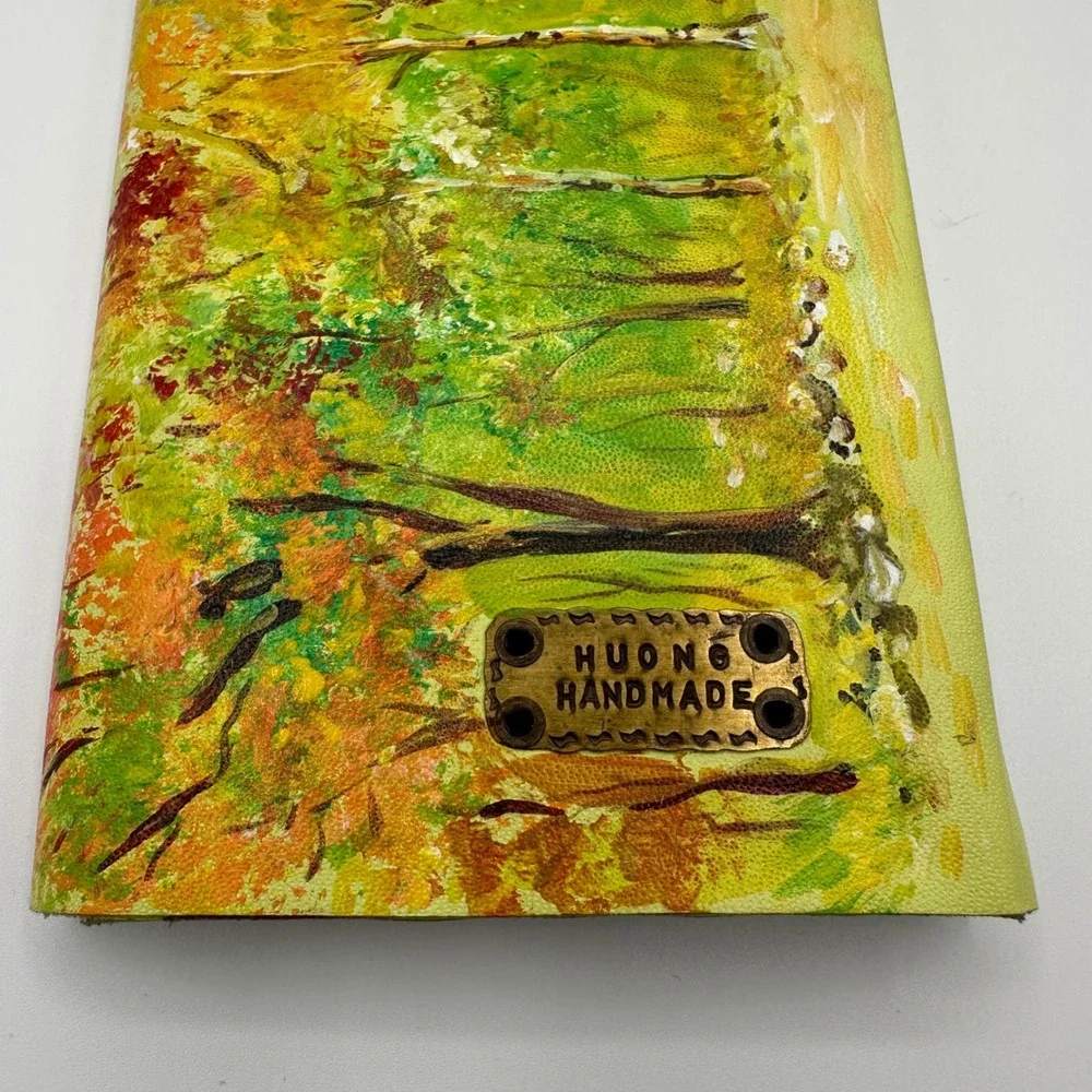Huong Handmade Leather‎ Trifold Wallet Artisan Painted Nature Landscape Forest
